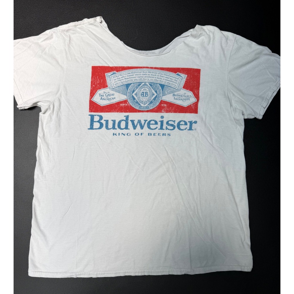 Budweiser King of Beers Graphic T-Shirt White Scoop Neck Distressed Logo Large